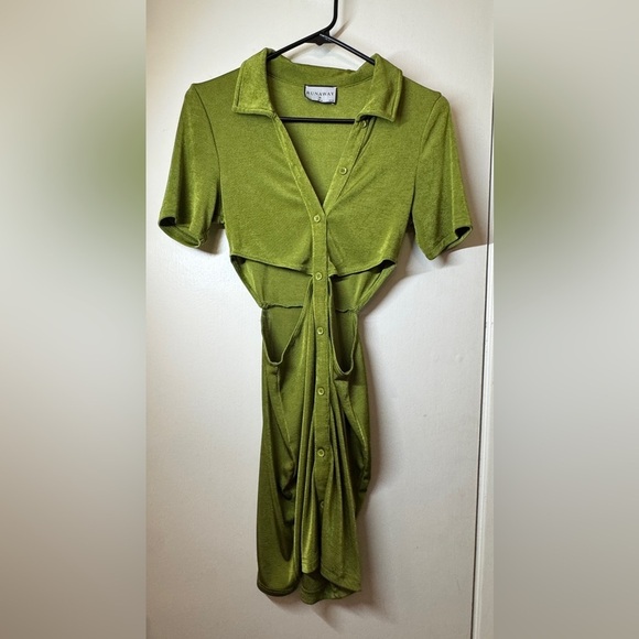 Runaway Claudia Mini Collared Button Front Waist Cut Out Grass Green Dress 6 - Picture 16 of 16